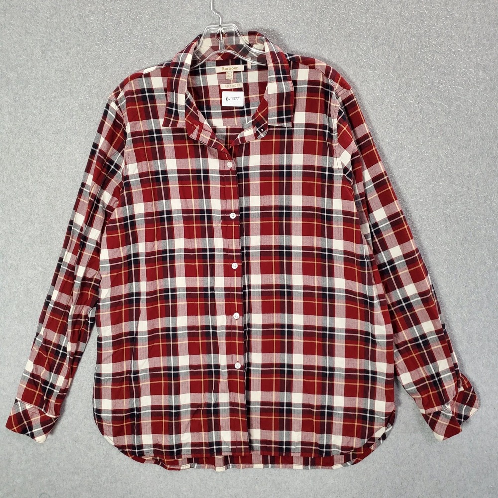 Barbour Women Top 12 Red Plaid Flannel Relaxed Fit Stokehold Button Up Collar